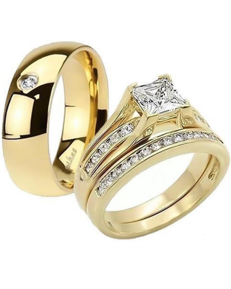 His and Her 14K Gold Plated Stainless Steel 3 Piece Wedding Engagement Ring and Men's Band Set Women's Size 08 Men's Size 11 ...