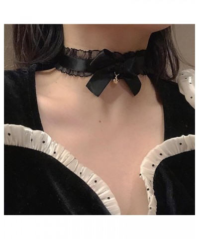 Gothic Black Lace Choker Necklace with Bell Lolita Bow-Knot Ribbon Necklace Sexy Cosplay Party Neck Accessories for Women and...