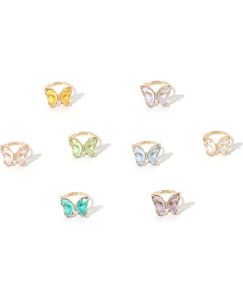 8 Pcs Gold Plated 3D Butterfly Rings Acrylic Adjustable Open Colorful Crystal Bowknot Shaped Band Rings for Women Girls Finge...