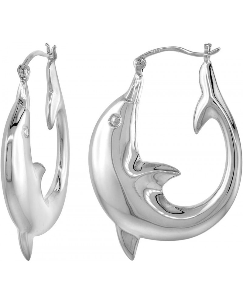 3 sizes Sterling Silver Creole Dolphin Hoop Earrings for Women Click Top High Polished 1 3/8 inch Large Dolphin Earrings $19....