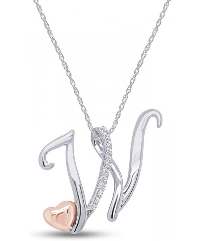 Jewel Zone US Two Tone Sterling Silver Natural Diamond Accents A - Z Initial & Heart Pendant Necklace "W" - Initial Pendant $...