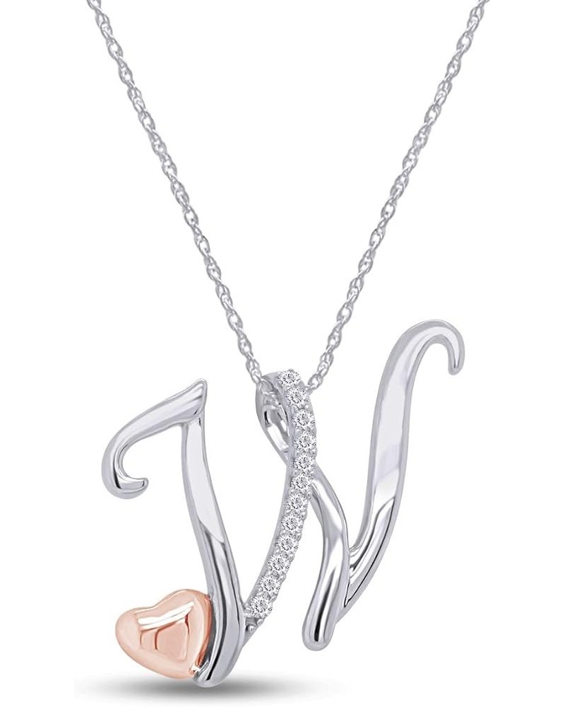 Jewel Zone US Two Tone Sterling Silver Natural Diamond Accents A - Z Initial & Heart Pendant Necklace "W" - Initial Pendant $...