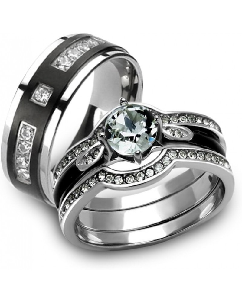 Her and His 4 Piece Silver and Black Stainless Steel and Titanium Wedding Ring Band Set Size Women's 08 Men's 09 $20.50 Sets