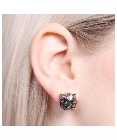 Faceted Jewel Statement Stud Earrings - Square Cushion Cut Sparkly Sequin Confetti Glitter, Opalescent Animal Leopard Print C...