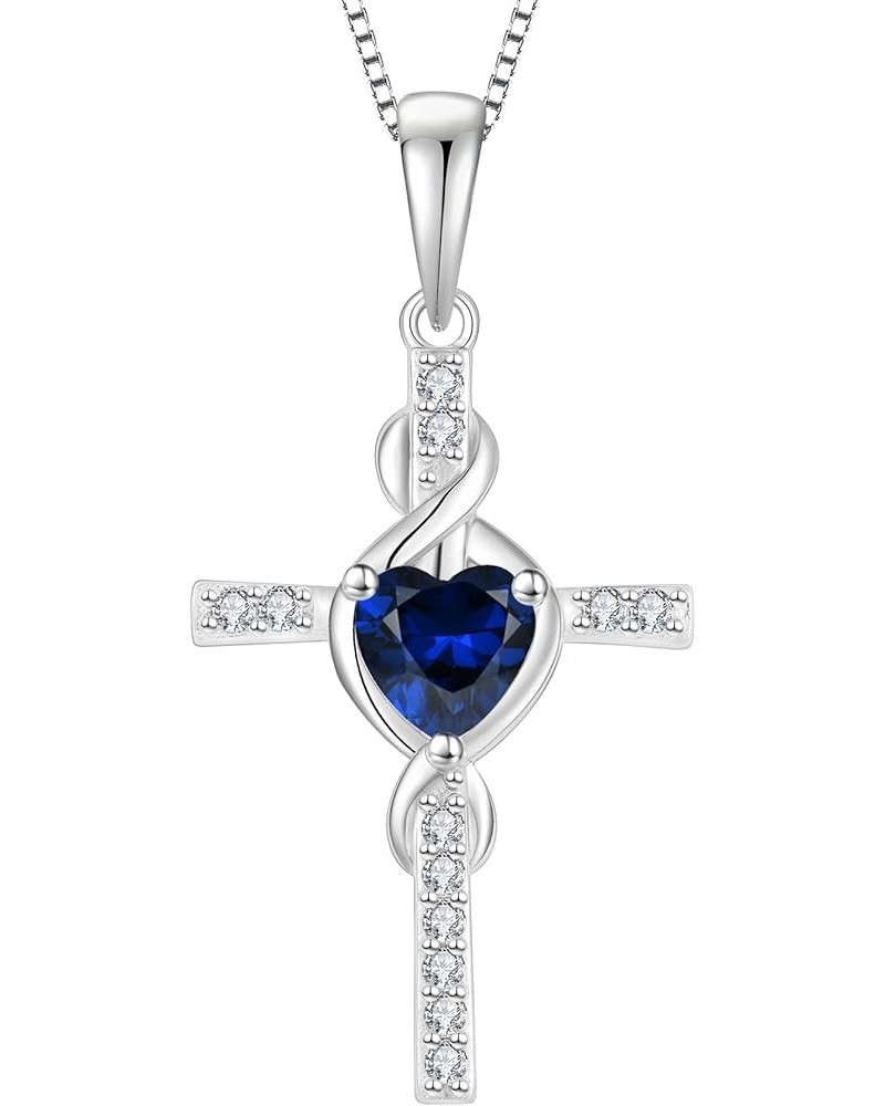 Cross Infinity Necklace 925 Sterling Silver Heart Birthstone Pendant Jewelry Christian Gift for Women Her Created Sapphire $3...