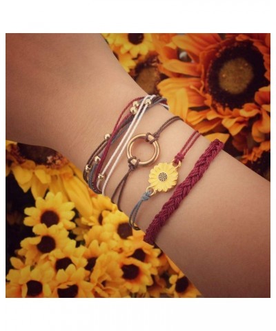 Sunflower String Bracelet Handmade Braided Rope Charms Boho Surfer Bracelet for Teen Girls Women Wine $7.50 Bracelets