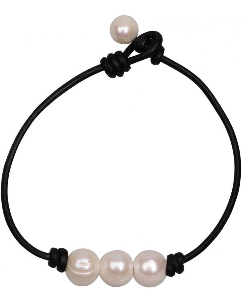 Three Pearl Bracelet for Women Cultured Freshwater Pearls Leather Jewelry Handmade Knot Bangles 7" Black $7.79 Bracelets