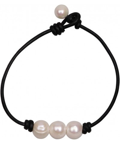 Three Pearl Bracelet for Women Cultured Freshwater Pearls Leather Jewelry Handmade Knot Bangles 7" Black $7.79 Bracelets