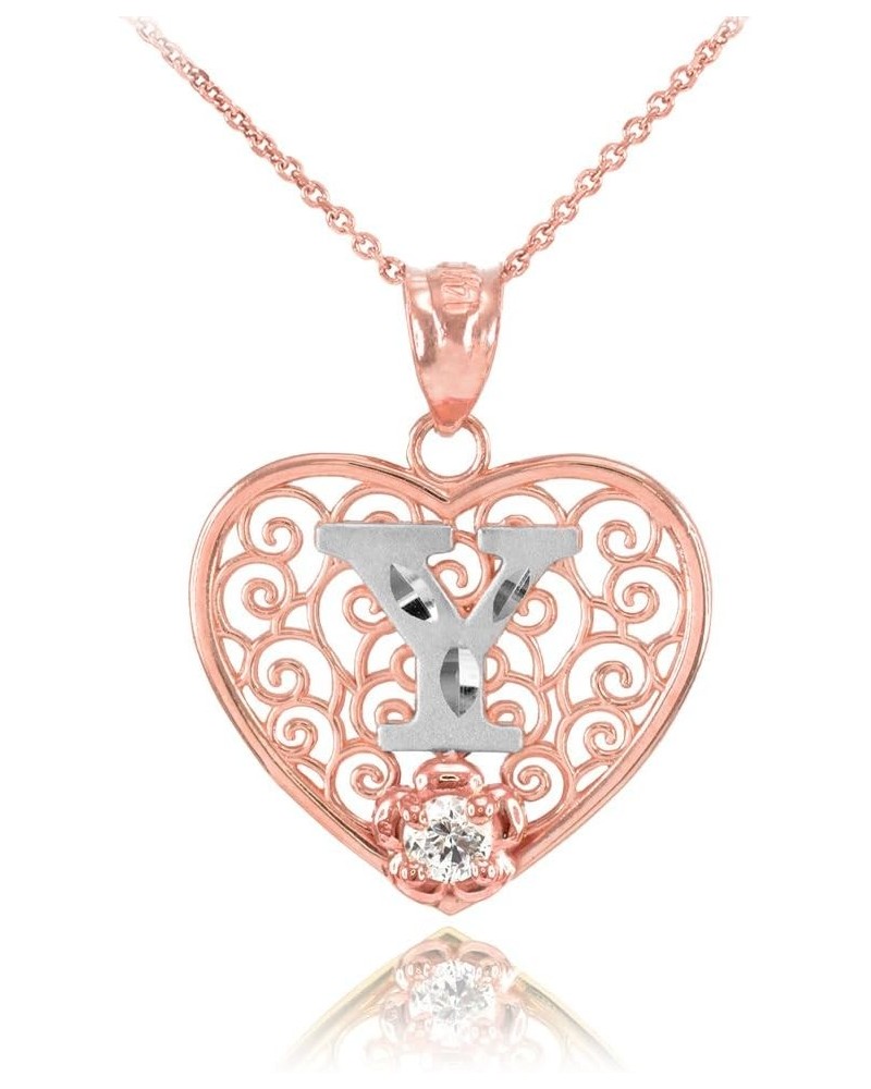 10k Two-Tone White and Rose Gold Filigree Heart with CZ Flower Initial Letter Pendant Necklace, 16 Y $95.99 Necklaces