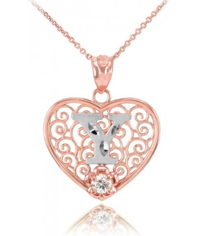 10k Two-Tone White and Rose Gold Filigree Heart with CZ Flower Initial Letter Pendant Necklace, 16 Y $95.99 Necklaces