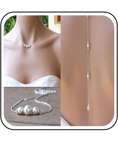 Boho Pearl Back Necklaces Long Pearl Cz Backdrop Necklaces Silver Pearl Back Chain Necklace Vintage Crystal Body Chain Neckla...