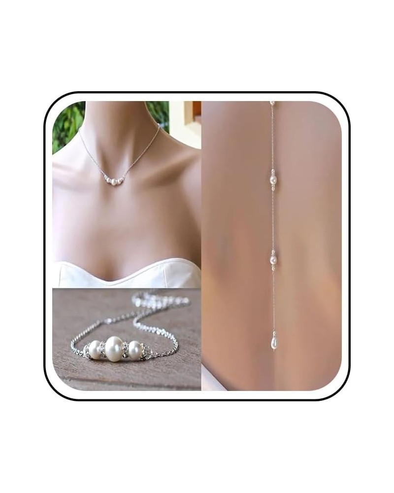 Boho Pearl Back Necklaces Long Pearl Cz Backdrop Necklaces Silver Pearl Back Chain Necklace Vintage Crystal Body Chain Neckla...