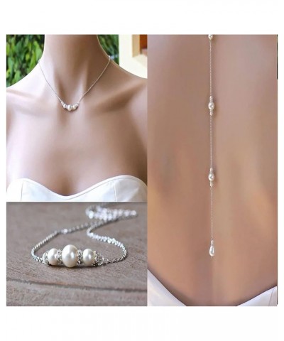 Boho Pearl Back Necklaces Long Pearl Cz Backdrop Necklaces Silver Pearl Back Chain Necklace Vintage Crystal Body Chain Neckla...