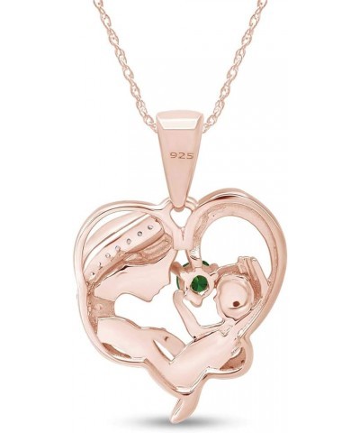 Round Cut Simulated Birthstone & White Cubic Zirconia Mom with Child Heart Pendant Necklace in 14K Rose Gold Over Sterling Si...