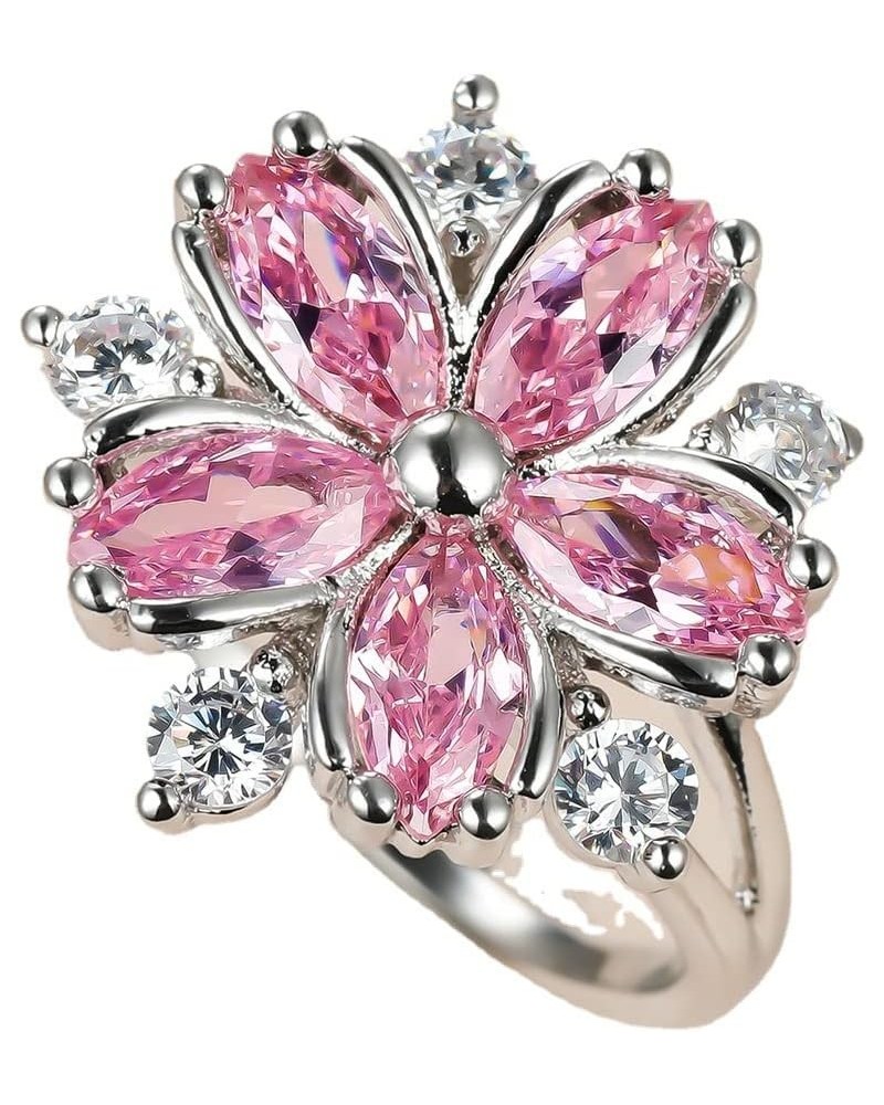 Women 925 Sterling Silver Romantic Pink Flower Zircon Crystal Flower Ring Fashion Pink Diamond Set Cherry Blossom Ring Women'...