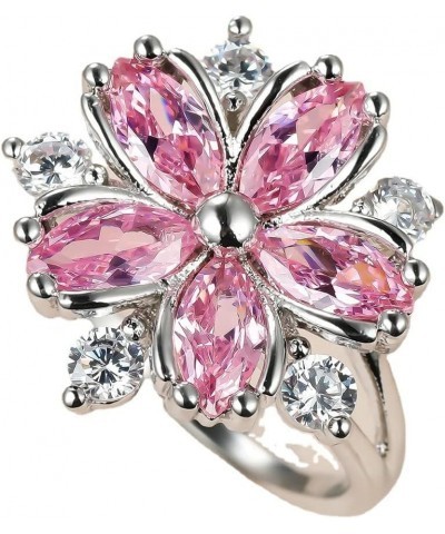 Women 925 Sterling Silver Romantic Pink Flower Zircon Crystal Flower Ring Fashion Pink Diamond Set Cherry Blossom Ring Women'...