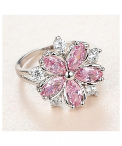 Women 925 Sterling Silver Romantic Pink Flower Zircon Crystal Flower Ring Fashion Pink Diamond Set Cherry Blossom Ring Women'...