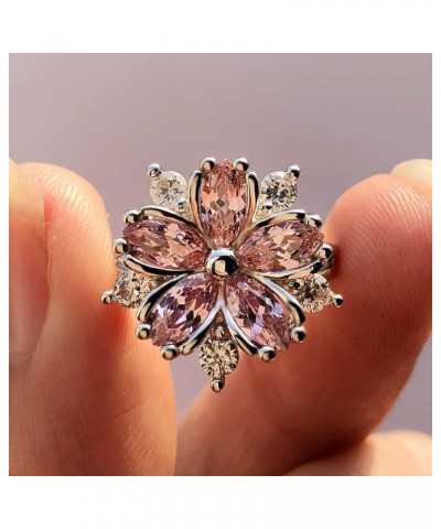 Women 925 Sterling Silver Romantic Pink Flower Zircon Crystal Flower Ring Fashion Pink Diamond Set Cherry Blossom Ring Women'...