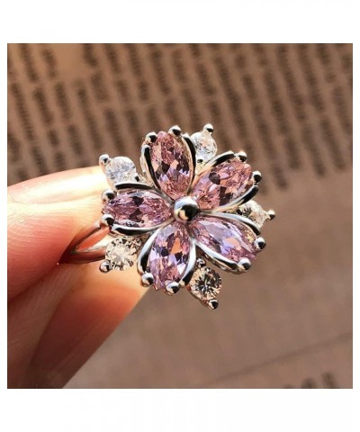 Women 925 Sterling Silver Romantic Pink Flower Zircon Crystal Flower Ring Fashion Pink Diamond Set Cherry Blossom Ring Women'...