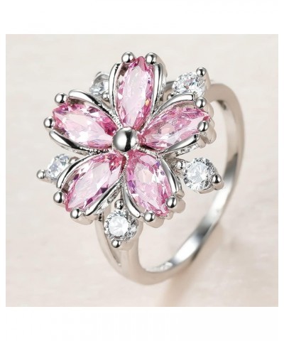 Women 925 Sterling Silver Romantic Pink Flower Zircon Crystal Flower Ring Fashion Pink Diamond Set Cherry Blossom Ring Women'...