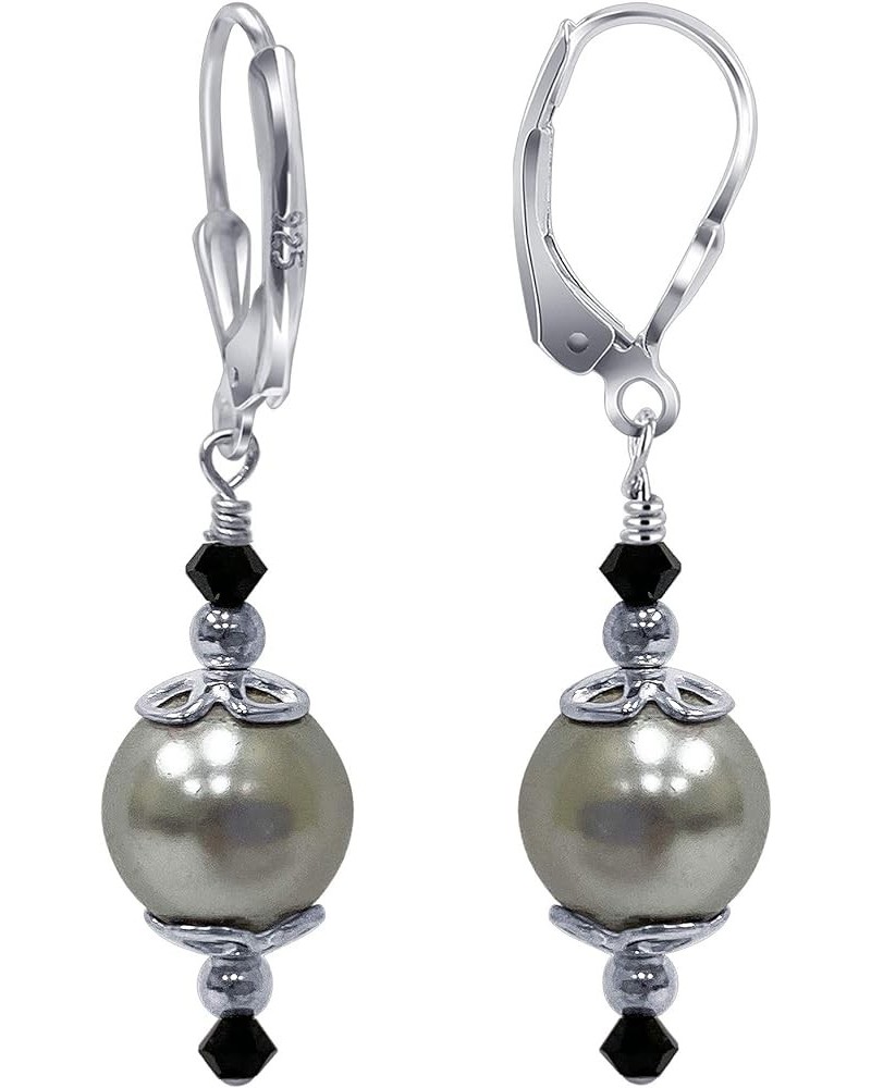 Faux Pearl and Bicone Austrian Crystals 925 Sterling Silver Handmade Leverback Drop Earrings for Women Grey $13.23 Earrings