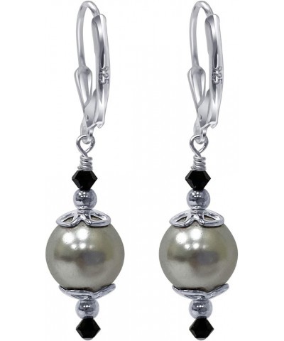 Faux Pearl and Bicone Austrian Crystals 925 Sterling Silver Handmade Leverback Drop Earrings for Women Grey $13.23 Earrings