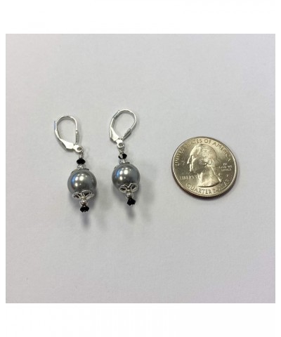 Faux Pearl and Bicone Austrian Crystals 925 Sterling Silver Handmade Leverback Drop Earrings for Women Grey $13.23 Earrings