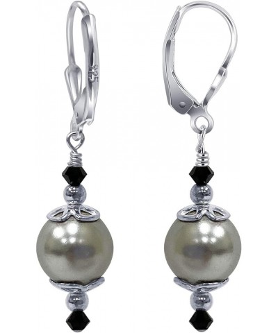 Faux Pearl and Bicone Austrian Crystals 925 Sterling Silver Handmade Leverback Drop Earrings for Women Grey $13.23 Earrings