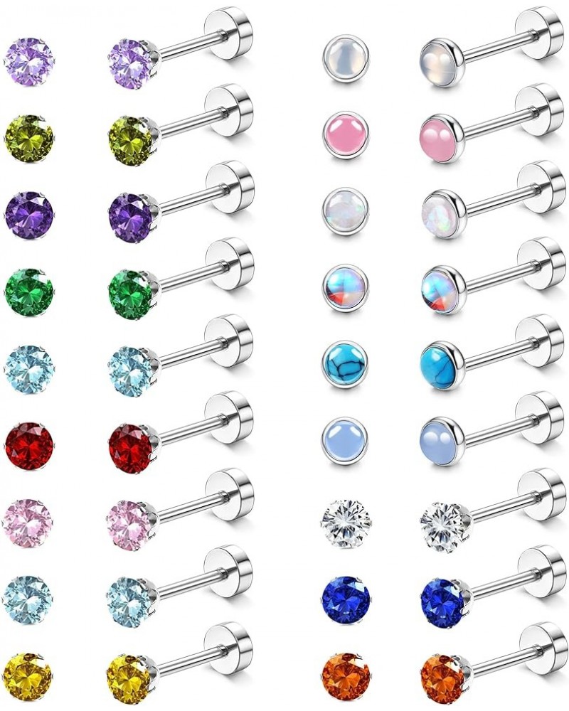 18 Pairs Hypoallergenic Flat Back Earrings for Girls Women Stainless Steel Screw Back Brithstone Stud Earrings Set Cute CZ Op...