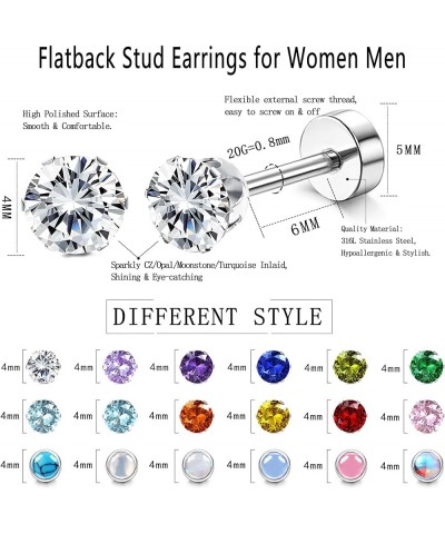 18 Pairs Hypoallergenic Flat Back Earrings for Girls Women Stainless Steel Screw Back Brithstone Stud Earrings Set Cute CZ Op...