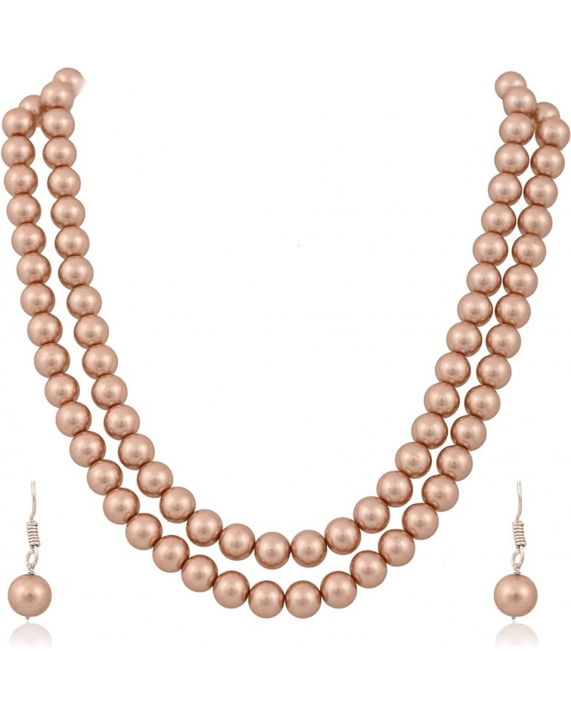 Shell Cultured 10mm Pearl Double Strand Necklace for Women in 18 Inch Length with Hook Earrings Bronze $10.29 Necklaces