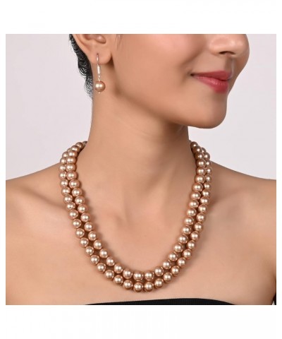 Shell Cultured 10mm Pearl Double Strand Necklace for Women in 18 Inch Length with Hook Earrings Bronze $10.29 Necklaces