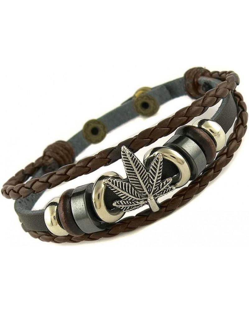 Multi Strand Biker Brown Leather Bracelet with Marijuana Leaf $8.50 Bracelets