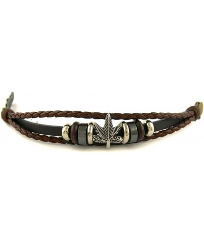 Multi Strand Biker Brown Leather Bracelet with Marijuana Leaf $8.50 Bracelets