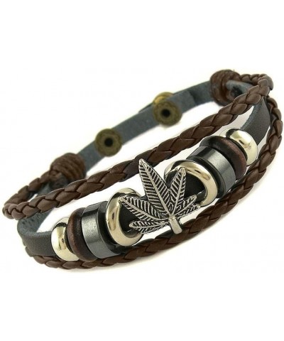 Multi Strand Biker Brown Leather Bracelet with Marijuana Leaf $8.50 Bracelets