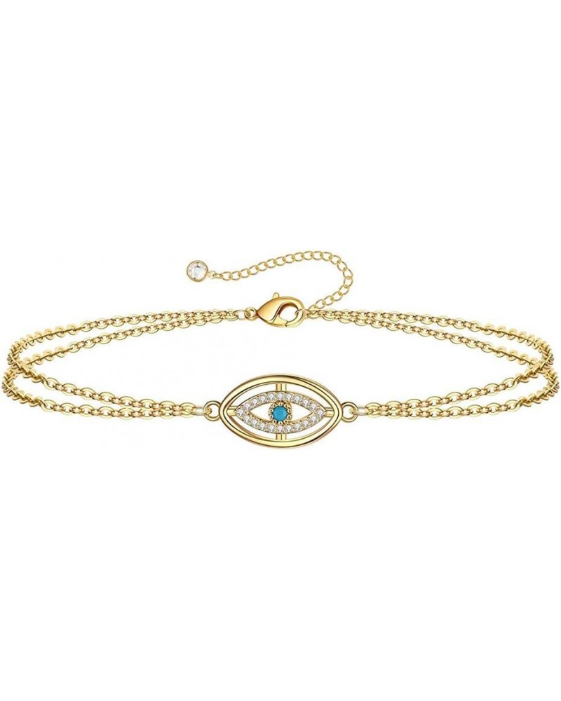 Evil Eye Cubic Zirconia Layered Bracelets for Women Girls Double Link Chain Dainty 14K Gold Filled Adjustable Thin Fashion Mi...