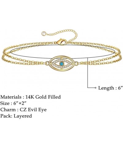 Evil Eye Cubic Zirconia Layered Bracelets for Women Girls Double Link Chain Dainty 14K Gold Filled Adjustable Thin Fashion Mi...