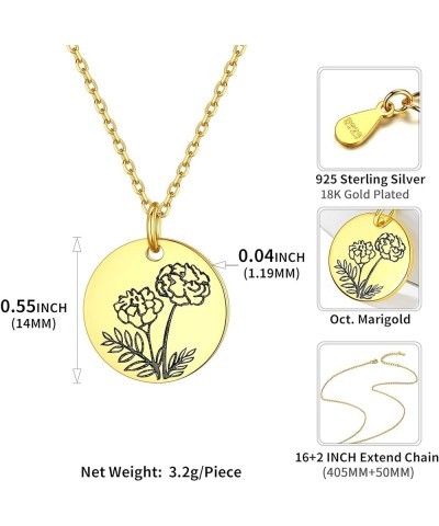 Women Birth Month Flower Necklace 925 Sterling Silver Dainty Engraved Floral Disc Coin Pendant Personalized Jewelry, Silver/G...