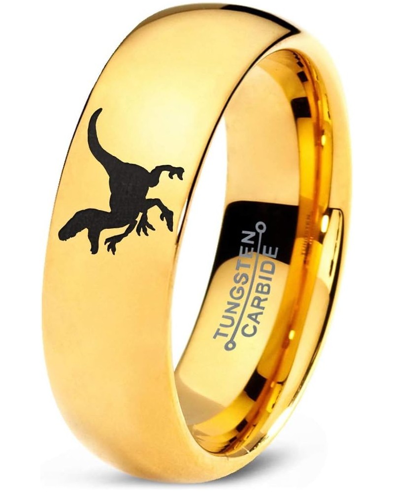 Velociraptor Dinosaur Jurrasic Dino Ring - Tungsten Band 8mm - Men - Women - 18k Rose Gold Step Bevel Edge - Yellow - Grey - ...