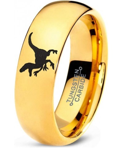 Velociraptor Dinosaur Jurrasic Dino Ring - Tungsten Band 8mm - Men - Women - 18k Rose Gold Step Bevel Edge - Yellow - Grey - ...