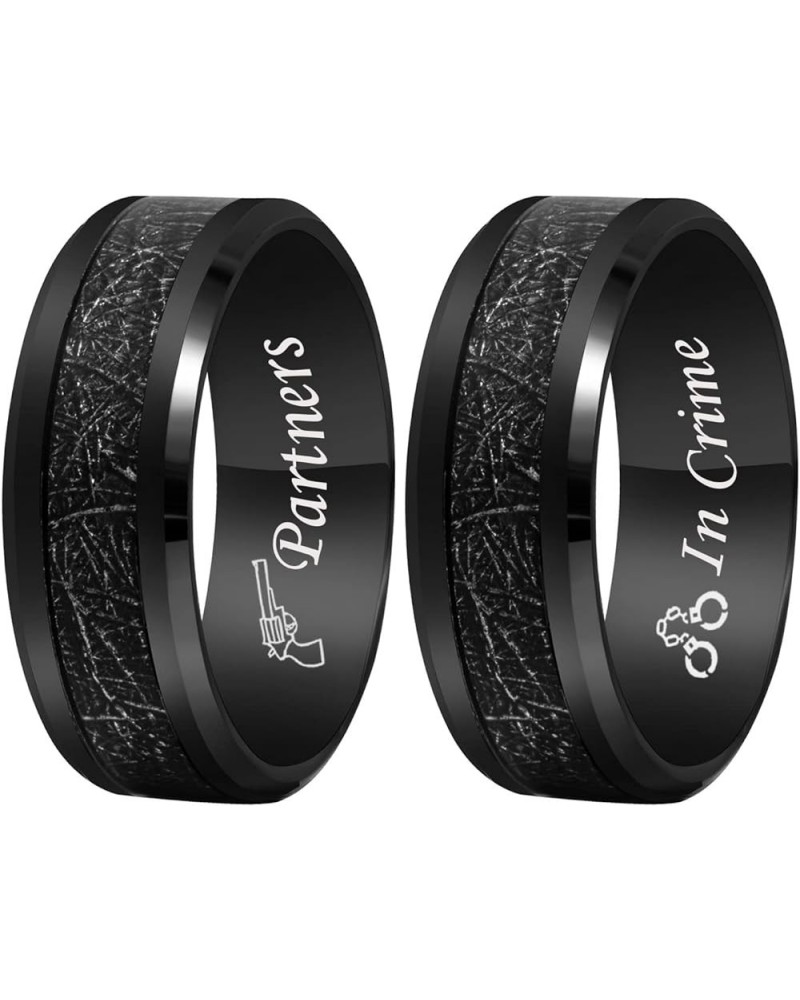 MZZJ Personalized His Hers Couple Rings 8MM Silver Imitated Meteorite Inlay Polish Stainless Steel Flat Bevel Edges Engagemen...