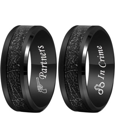 MZZJ Personalized His Hers Couple Rings 8MM Silver Imitated Meteorite Inlay Polish Stainless Steel Flat Bevel Edges Engagemen...