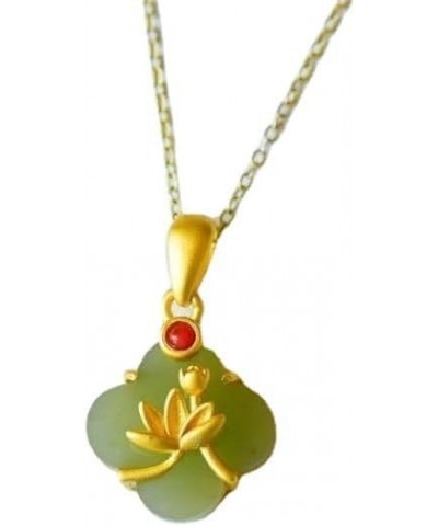 Natural Green Jade Lotus Pendant Necklace Jewelry Four-leaf Clover 925 Silver Gold Plated Birthday Valentines Day Gifts Mom W...