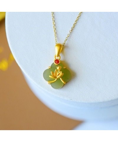 Natural Green Jade Lotus Pendant Necklace Jewelry Four-leaf Clover 925 Silver Gold Plated Birthday Valentines Day Gifts Mom W...