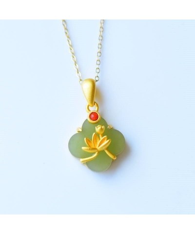 Natural Green Jade Lotus Pendant Necklace Jewelry Four-leaf Clover 925 Silver Gold Plated Birthday Valentines Day Gifts Mom W...