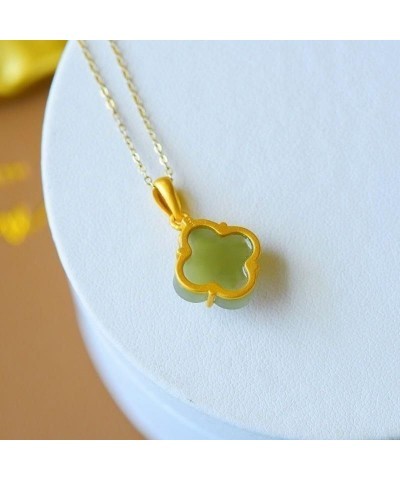 Natural Green Jade Lotus Pendant Necklace Jewelry Four-leaf Clover 925 Silver Gold Plated Birthday Valentines Day Gifts Mom W...