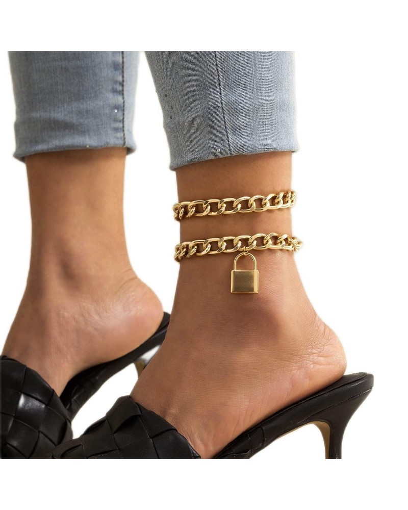 Punk Layered Anklet Gold Link Ankle Bracelets Lock Anklet Chain Summer Beach Foot Jewelry for Women and Girls $6.11 Anklets