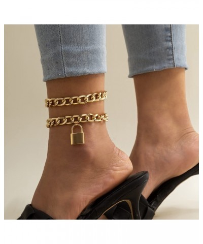 Punk Layered Anklet Gold Link Ankle Bracelets Lock Anklet Chain Summer Beach Foot Jewelry for Women and Girls $6.11 Anklets