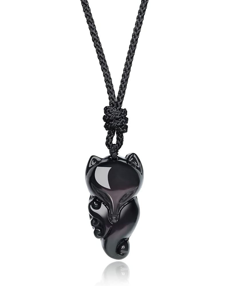 Protection Lucky Amulet Stone Fox Pendant Necklace Black Obsidian $10.80 Necklaces