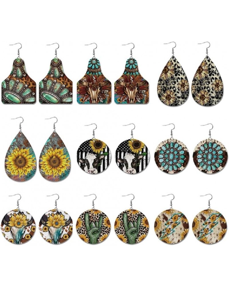 9 Pairs Western Earrings Set for Cowgirl Cowboy Boho Vintage Handmade Turquoise Cow Print Leather Teardrop Dangle Earrings fo...